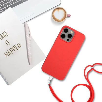 Eco-friendly Wheat Straw+TPU Case for iPhone 13 Pro Max 6.7 inch Phone Cover with Long Rope