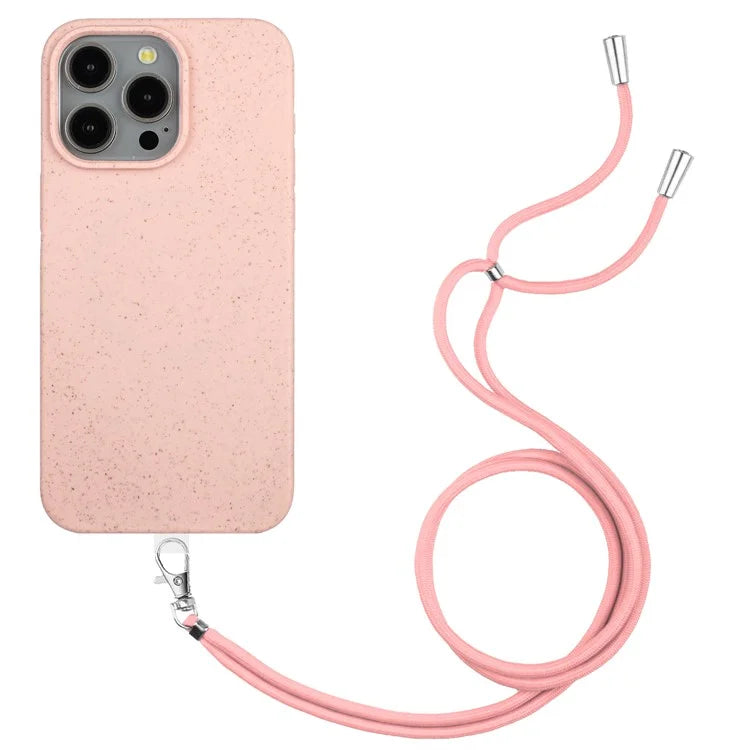 Eco-friendly Wheat Straw+TPU Case for iPhone 13 Pro Max 6.7 inch Phone Cover with Long Rope
