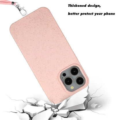 Eco-friendly Wheat Straw+TPU Case for iPhone 13 Pro Max 6.7 inch Phone Cover with Long Rope