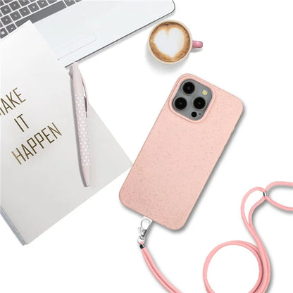Eco-friendly Wheat Straw+TPU Case for iPhone 13 Pro Max 6.7 inch Phone Cover with Long Rope