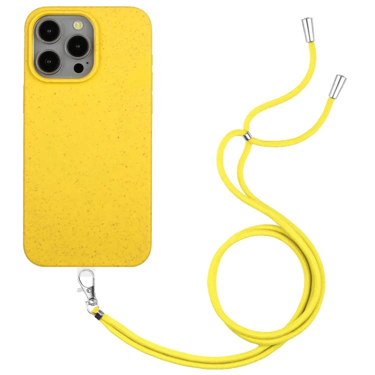 Eco-friendly Wheat Straw+TPU Case for iPhone 13 Pro Max 6.7 inch Phone Cover with Long Rope