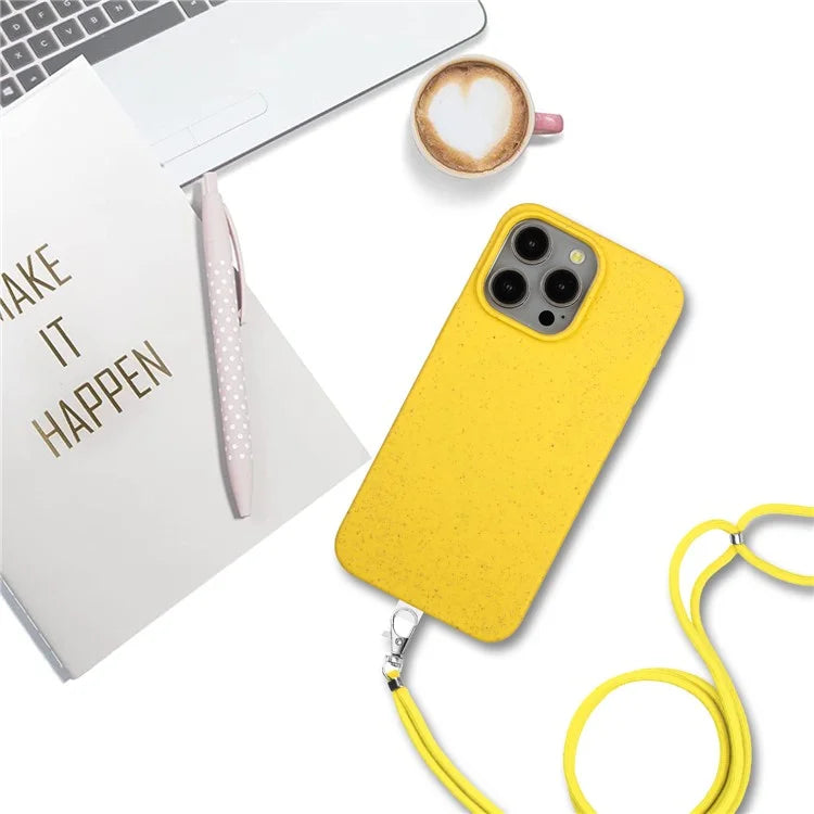 Eco-friendly Wheat Straw+TPU Case for iPhone 13 Pro Max 6.7 inch Phone Cover with Long Rope