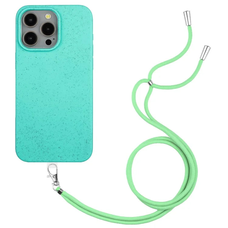 Eco-friendly Wheat Straw+TPU Case for iPhone 13 Pro Max 6.7 inch Phone Cover with Long Rope
