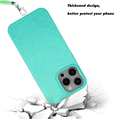 Eco-friendly Wheat Straw+TPU Case for iPhone 13 Pro Max 6.7 inch Phone Cover with Long Rope