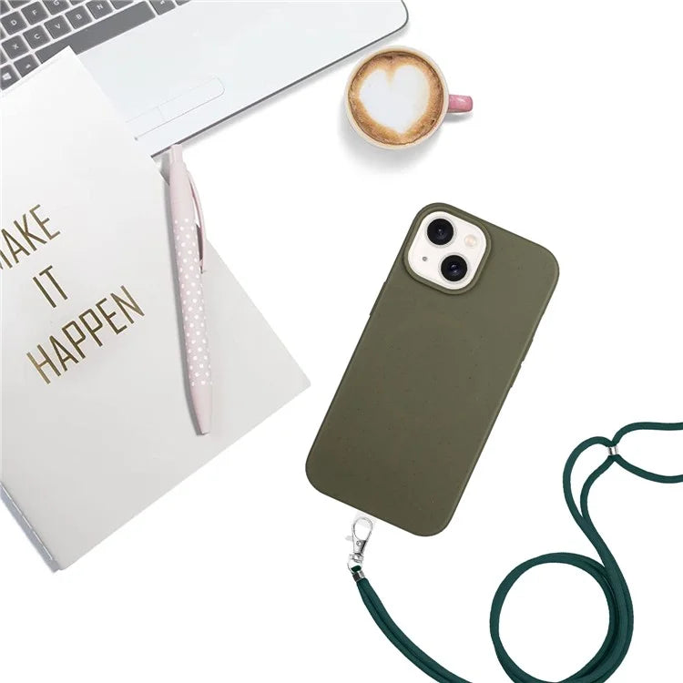 For iPhone 14 Plus Case Eco-friendly Biodegradable Wheat Straw+TPU Phone Protective Cover