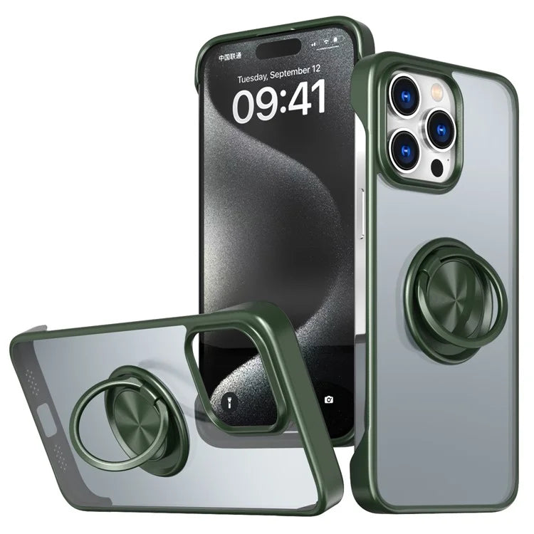 For iPhone 15 Pro Frameless Phone Case Ring Kickstand TPU+Acrylic Back Cover