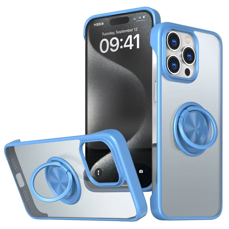 For iPhone 15 Pro Frameless Phone Case Ring Kickstand TPU+Acrylic Back Cover