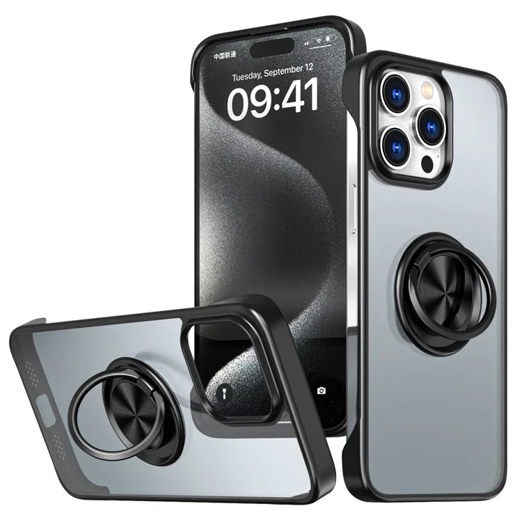 For iPhone 15 Pro Max Ring Kickstand Cover Frameless Design TPU+Acrylic Phone Case