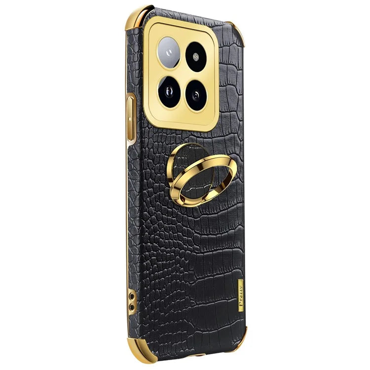 For Xiaomi 14 Pro Case Crocodile Texture Leather+TPU Phone Cover with Ring Kickstand