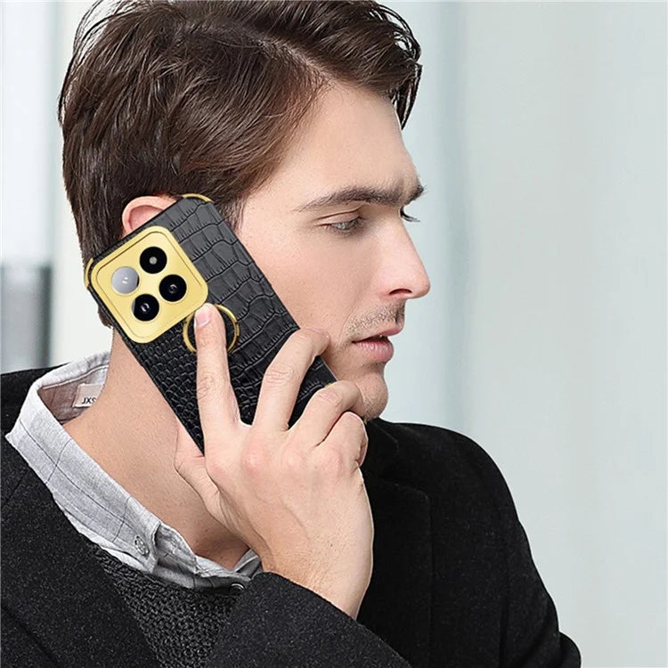 For Xiaomi 14 Pro Case Crocodile Texture Leather+TPU Phone Cover with Ring Kickstand