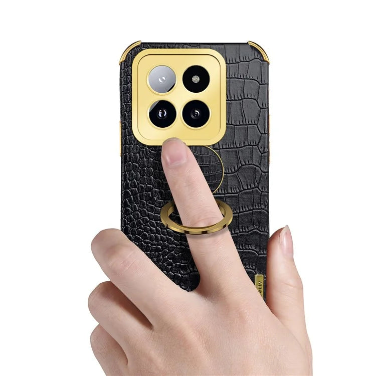 For Xiaomi 14 Pro Case Crocodile Texture Leather+TPU Phone Cover with Ring Kickstand