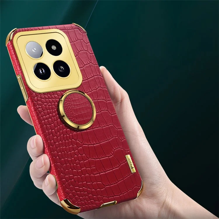 For Xiaomi 14 Pro Case Crocodile Texture Leather+TPU Phone Cover with Ring Kickstand