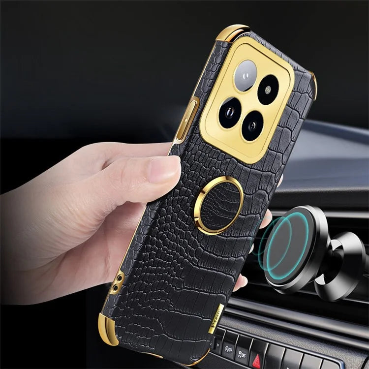 For Xiaomi 14 Pro Case Crocodile Texture Leather+TPU Phone Cover with Ring Kickstand
