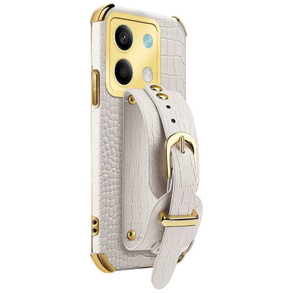 For Xiaomi Redmi Note 13 5G Case 6D Electroplating PU Leather+TPU Phone Cover with Wristband Kickstand