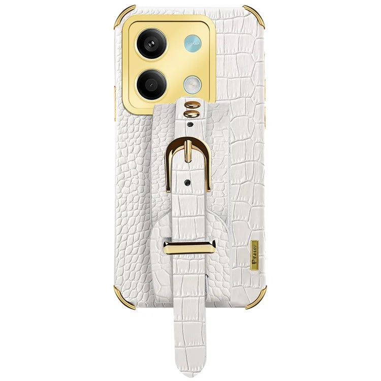 For Xiaomi Redmi Note 13 5G Case 6D Electroplating PU Leather+TPU Phone Cover with Wristband Kickstand