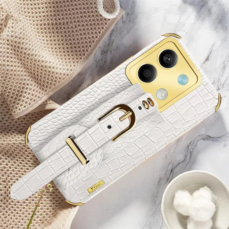 For Xiaomi Redmi Note 13 5G Case 6D Electroplating PU Leather+TPU Phone Cover with Wristband Kickstand