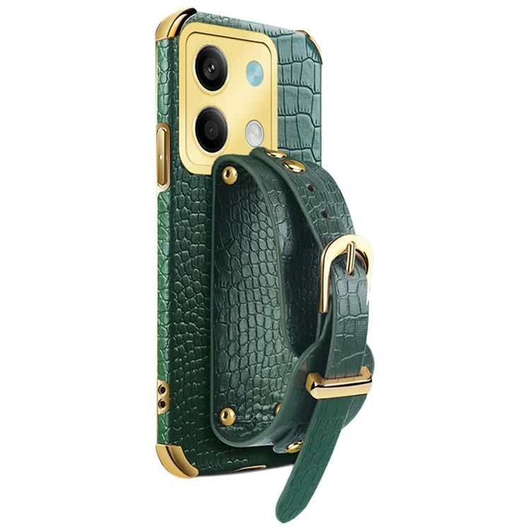 For Xiaomi Redmi Note 13 5G Case 6D Electroplating PU Leather+TPU Phone Cover with Wristband Kickstand