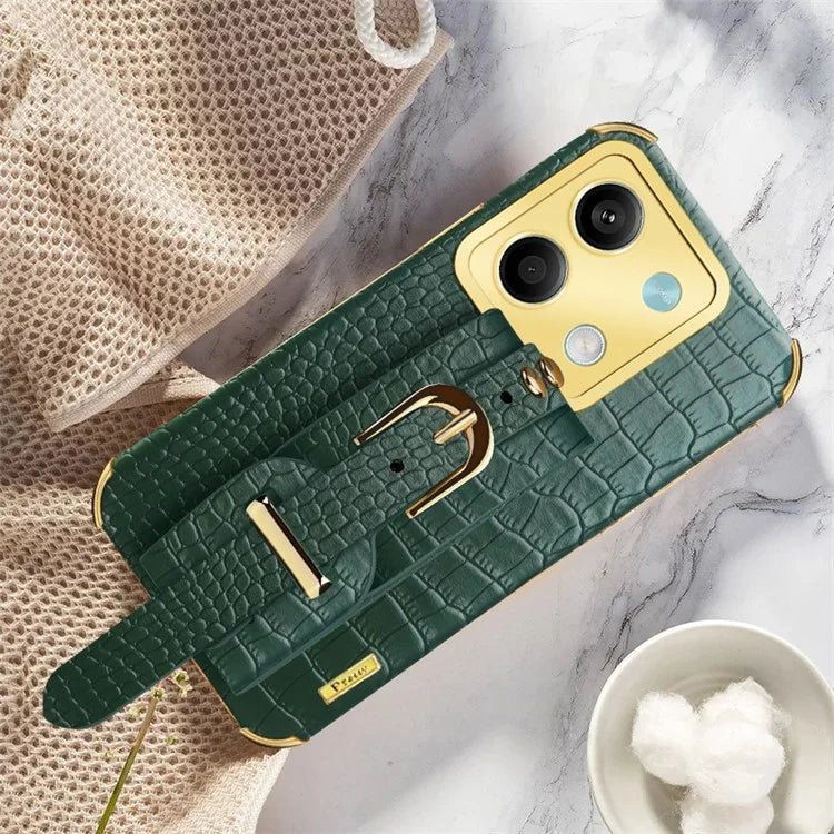 For Xiaomi Redmi Note 13 5G Case 6D Electroplating PU Leather+TPU Phone Cover with Wristband Kickstand