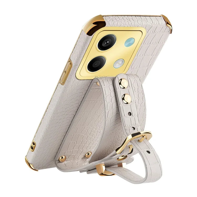 For Xiaomi Redmi Note 13 5G Case 6D Electroplating PU Leather+TPU Phone Cover with Wristband Kickstand