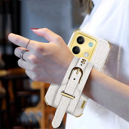 For Xiaomi Redmi Note 13 5G Case 6D Electroplating PU Leather+TPU Phone Cover with Wristband Kickstand