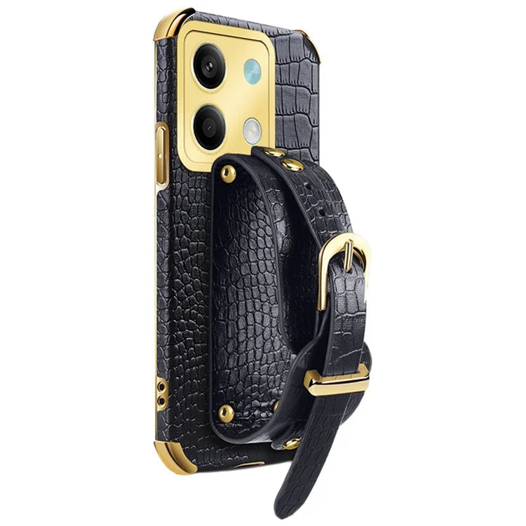 For Xiaomi Redmi Note 13 5G Case 6D Electroplating PU Leather+TPU Phone Cover with Wristband Kickstand