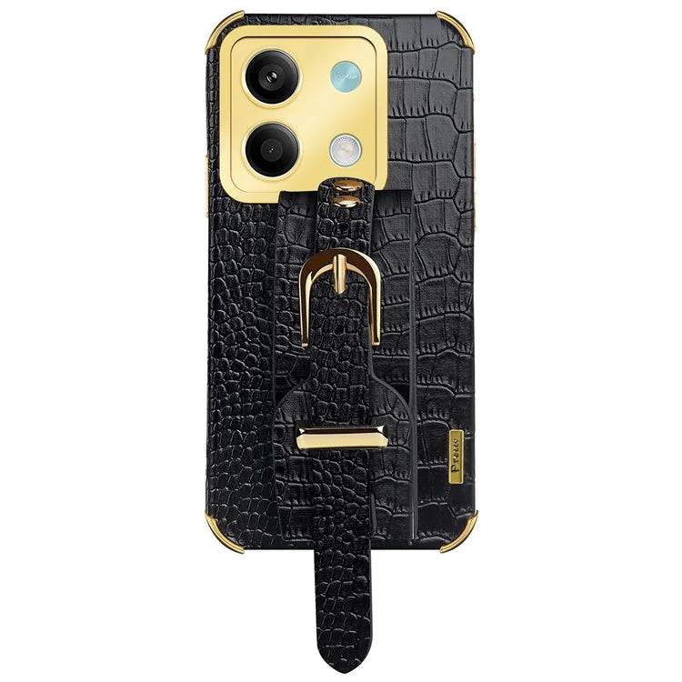 For Xiaomi Redmi Note 13 5G Case 6D Electroplating PU Leather+TPU Phone Cover with Wristband Kickstand