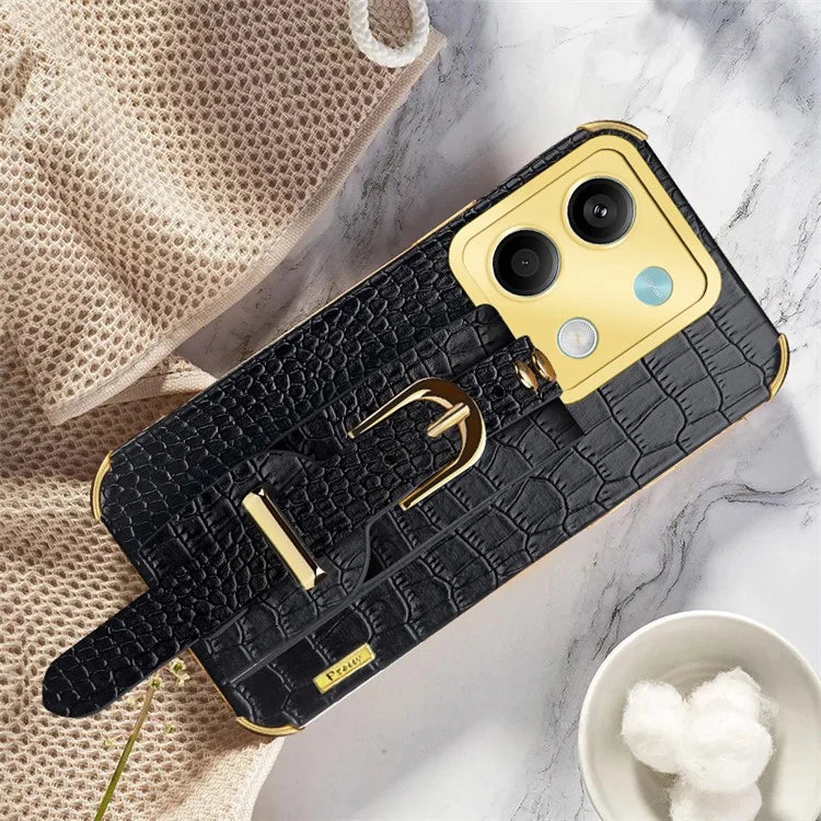For Xiaomi Redmi Note 13 5G Case 6D Electroplating PU Leather+TPU Phone Cover with Wristband Kickstand