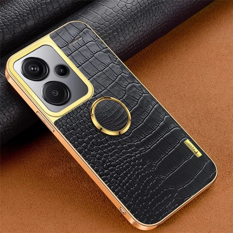 For Xiaomi Redmi Note 13 Pro+ 5G Case Leather+TPU Crocodile Texture Ring Kickstand Phone Back Shell