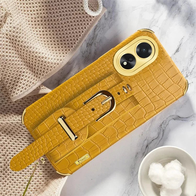 For Oppo A38 4G Case Electroplating Leather+TPU Phone Cover with Wristband