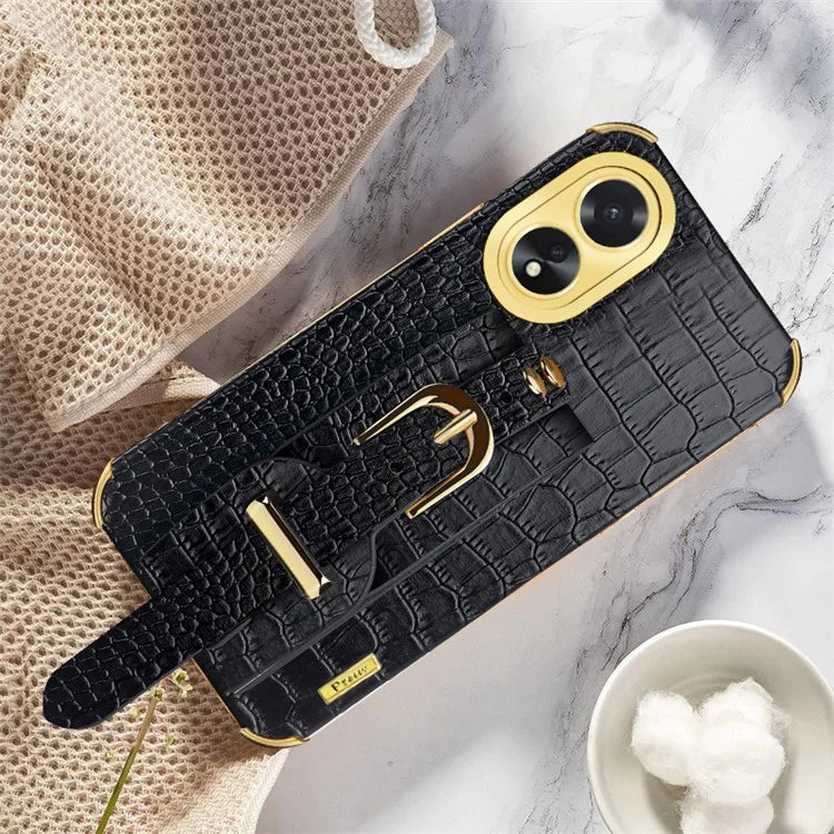 For Oppo A38 4G Case Electroplating Leather+TPU Phone Cover with Wristband