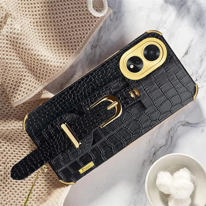 For Oppo A38 4G Case Electroplating Leather+TPU Phone Cover with Wristband