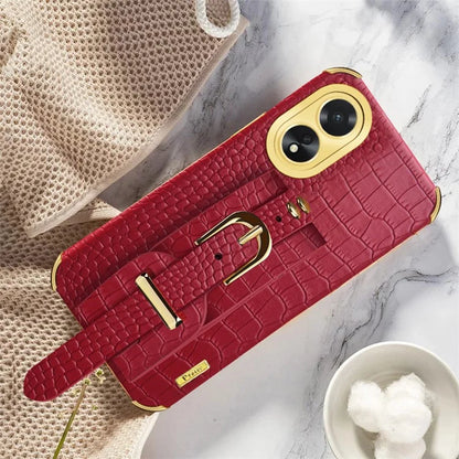For Oppo A38 4G Case Electroplating Leather+TPU Phone Cover with Wristband