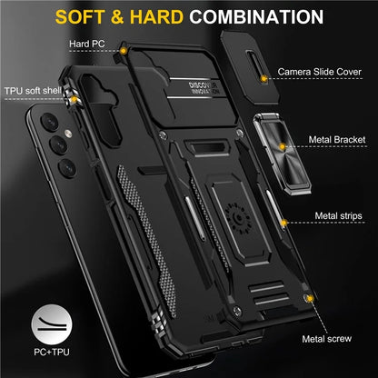 Armor Series For Samsung Galaxy A15 4G Case PC+TPU Anti-Drop Kickstand Phone Cover with Slide Lens Shield