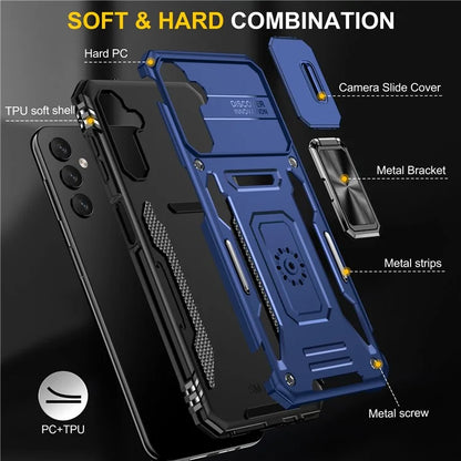 Armor Series For Samsung Galaxy A15 4G Case PC+TPU Anti-Drop Kickstand Phone Cover with Slide Lens Shield