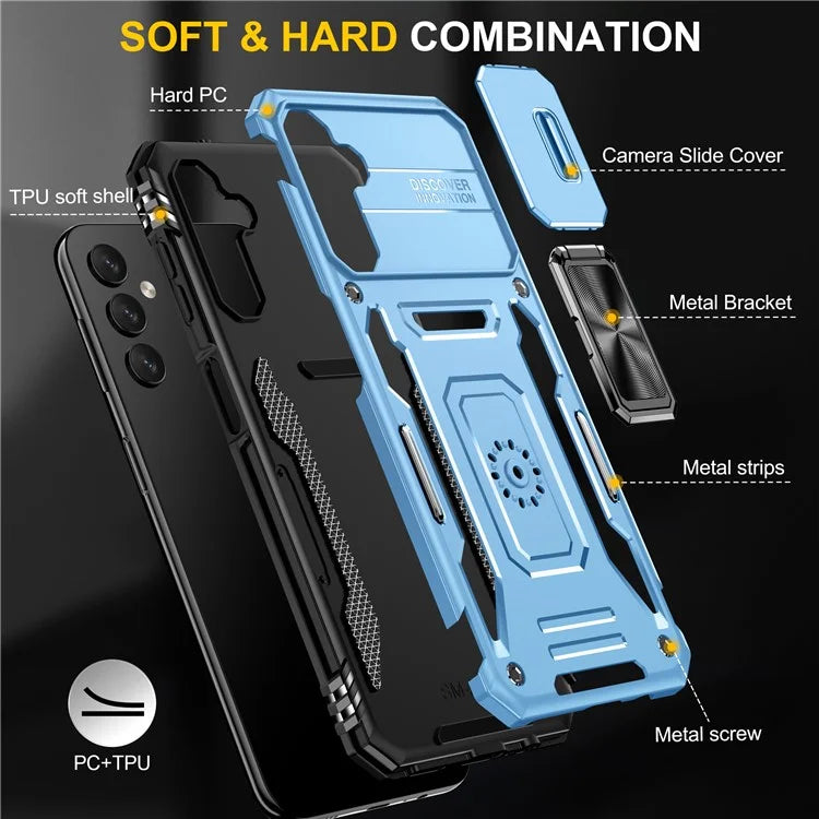 Armor Series For Samsung Galaxy A15 4G Case PC+TPU Anti-Drop Kickstand Phone Cover with Slide Lens Shield