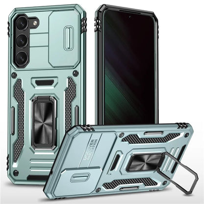 Armor Series For Samsung Galaxy S24 Case PC+TPU Shockproof Kickstand Smart Phone Back Protector with Slide Lens Lid