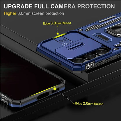 Armor Series For Samsung Galaxy S24 Case PC+TPU Shockproof Kickstand Smart Phone Back Protector with Slide Lens Lid