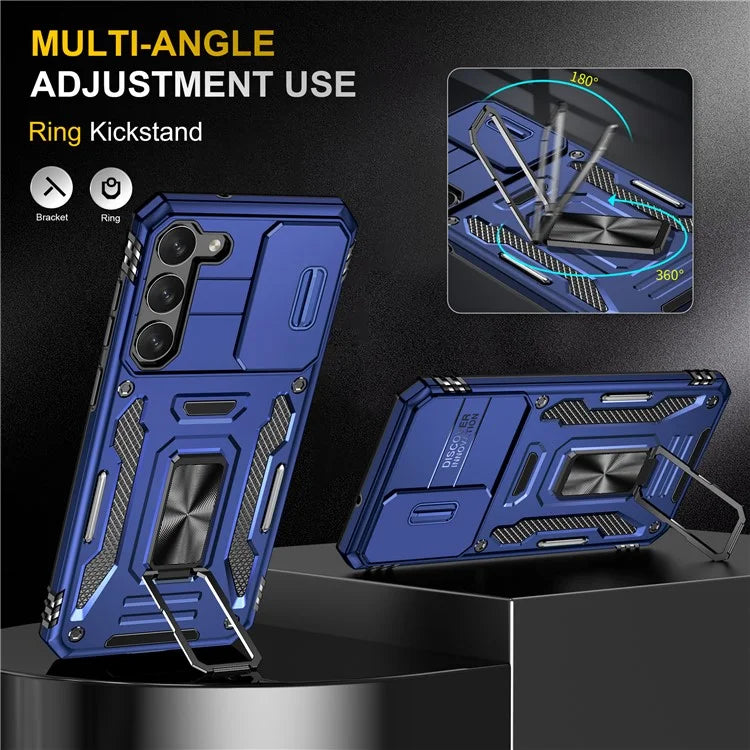 Armor Series For Samsung Galaxy S24 Case PC+TPU Shockproof Kickstand Smart Phone Back Protector with Slide Lens Lid