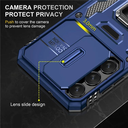 Armor Series For Samsung Galaxy S24 Case PC+TPU Shockproof Kickstand Smart Phone Back Protector with Slide Lens Lid