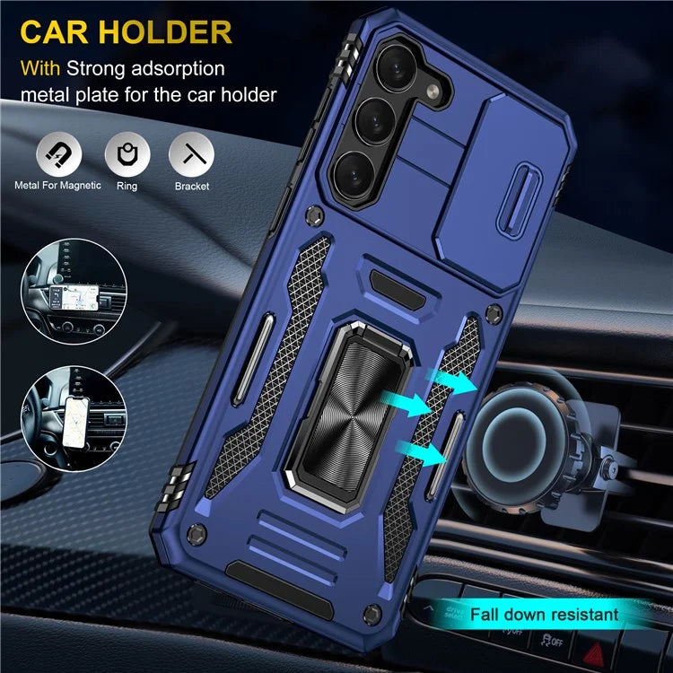 Armor Series For Samsung Galaxy S24 Case PC+TPU Shockproof Kickstand Smart Phone Back Protector with Slide Lens Lid
