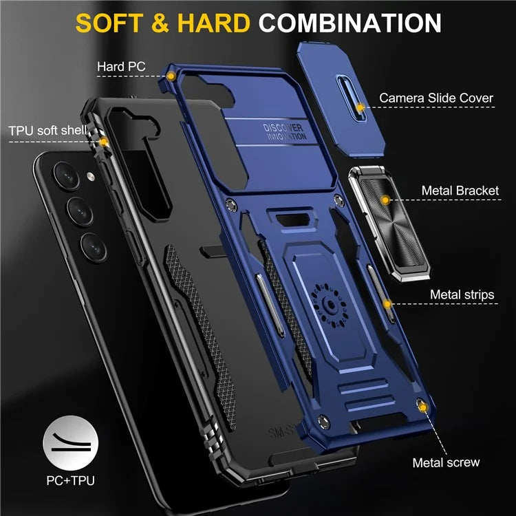 Armor Series For Samsung Galaxy S24 Case PC+TPU Shockproof Kickstand Smart Phone Back Protector with Slide Lens Lid