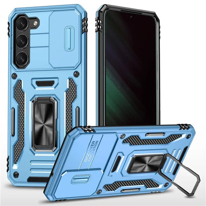 Armor Series For Samsung Galaxy S24 Case PC+TPU Shockproof Kickstand Smart Phone Back Protector with Slide Lens Lid