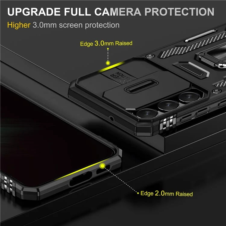 Armor Series For Samsung Galaxy S24 Case PC+TPU Shockproof Kickstand Smart Phone Back Protector with Slide Lens Lid
