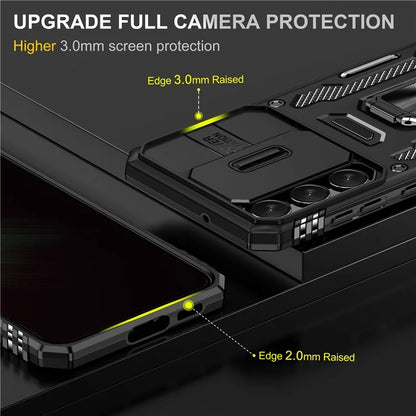Armor Series For Samsung Galaxy S24 Case PC+TPU Shockproof Kickstand Smart Phone Back Protector with Slide Lens Lid