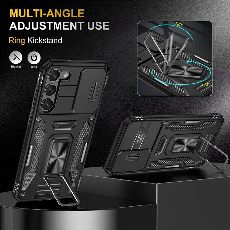 Armor Series For Samsung Galaxy S24 Case PC+TPU Shockproof Kickstand Smart Phone Back Protector with Slide Lens Lid
