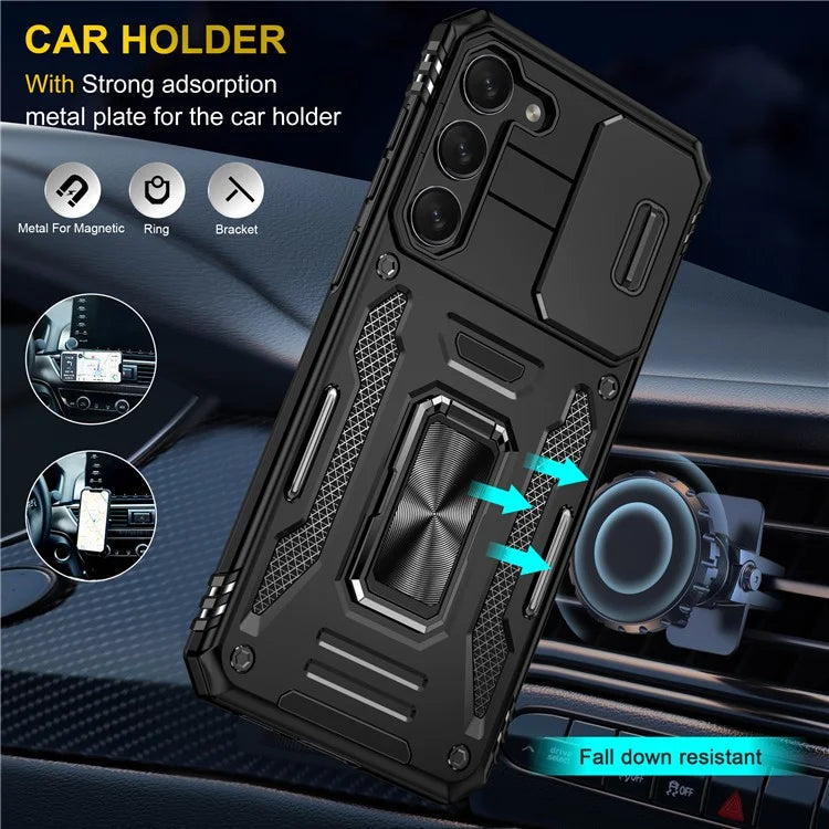 Armor Series For Samsung Galaxy S24 Case PC+TPU Shockproof Kickstand Smart Phone Back Protector with Slide Lens Lid