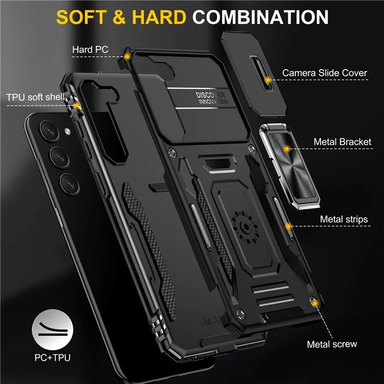 Armor Series For Samsung Galaxy S24 Case PC+TPU Shockproof Kickstand Smart Phone Back Protector with Slide Lens Lid