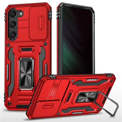 Armor Series For Samsung Galaxy S24 Case PC+TPU Shockproof Kickstand Smart Phone Back Protector with Slide Lens Lid