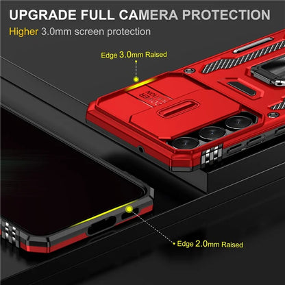 Armor Series For Samsung Galaxy S24 Case PC+TPU Shockproof Kickstand Smart Phone Back Protector with Slide Lens Lid