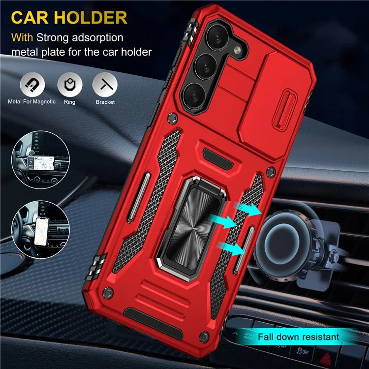 Armor Series For Samsung Galaxy S24 Case PC+TPU Shockproof Kickstand Smart Phone Back Protector with Slide Lens Lid